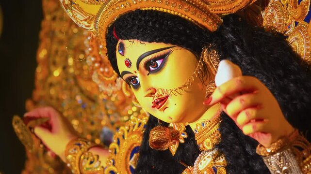 Beautiful close view of Goddess Durga idol decorated with golden ornaments during festival celebration.