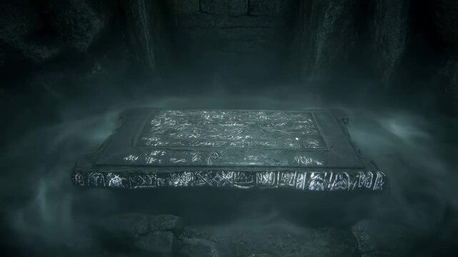 Slow tracking shot of ancient stone slab artifact levitating and drifting with mist in underground cave chamber at night