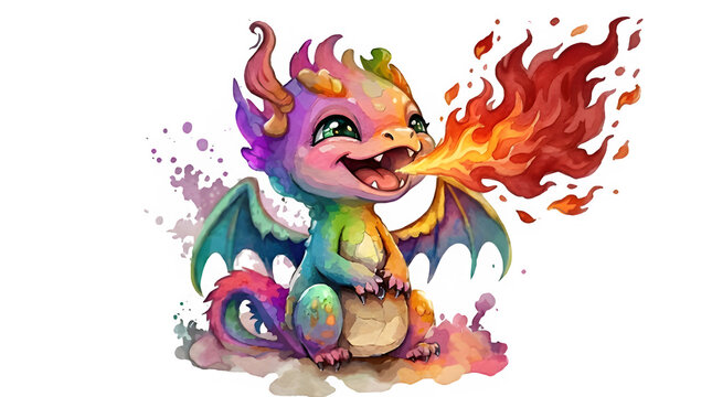 Watercolor Baby Rainbow Dragon Breathing Fire Illustration, Cute Mythical Creature
Fantasy Art Isolated on White Background
