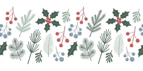 Obraz premium Seamless pattern featuring decorative holly leaves pine branches and vibrant winter berry clusters Vector