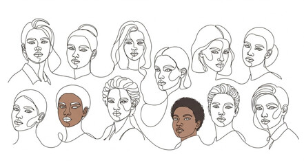 Diverse Group of Women Faces Illustrated Sketch Style.
