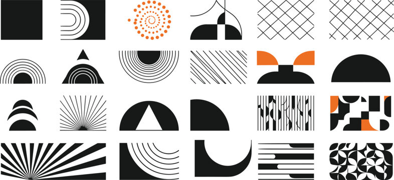 Abstract geometric grid of 25 modern black, white, and orange designs featuring spirals, arcs, triangles, and minimalist line patterns for visual art and design