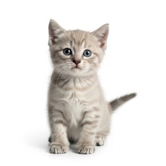 Fototapeta premium A small grey kitten with blue eyes sitting on a white background