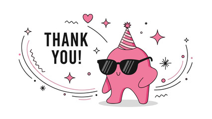 Obraz premium Funny pink monster character wearing a party hat and sunglasses next to the text thank you with stars and heart shapes.