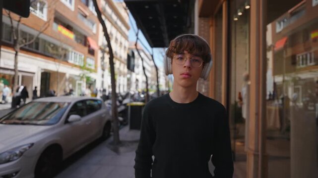 A confident young man with glasses and white headphones walks directly towards the camera on a bustling European city street. The sun casts light on buildings and parked vehicles in the background