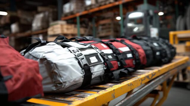 Rescue team medical equipment displayed for patient transfer training, emergency bags opened with spinal board straps, cervical collars, vacuum splints, and medical tags, industria