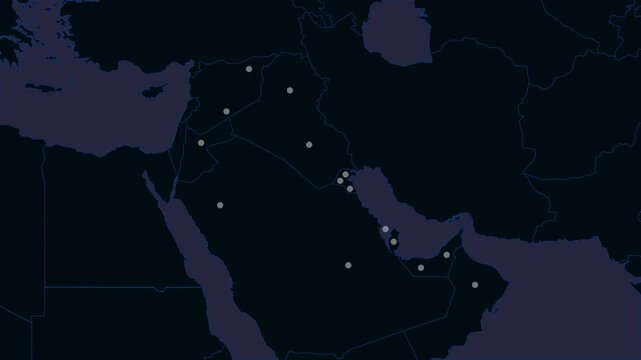 4K Map Animation Highlighting US Military Bases And Presence With Blinking White Markers Across In Middle East