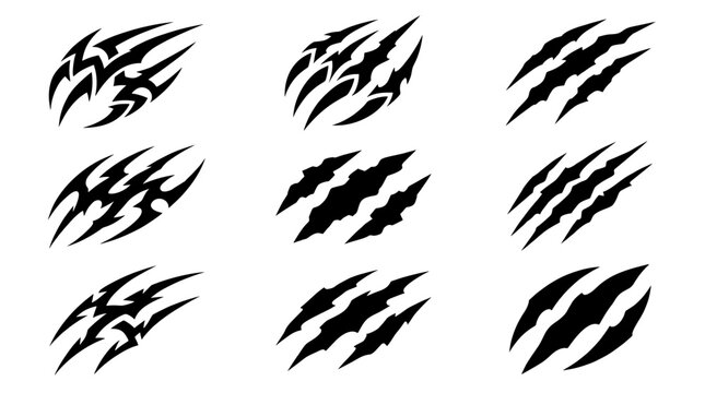Set of black predator claw scratch marks, sharp animal tears, and tribal slash silhouettes. Ideal for aggressive gaming or horror design elements