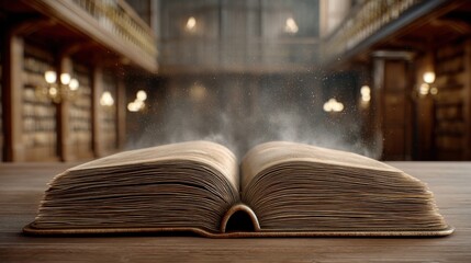 Obraz premium Open antique book with magical dust in old library setting, symbolizing knowledge, education and wisdom