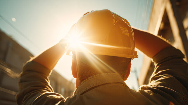 A construction worker in a hard hat stands outdoors, facing the sun, with hands resting on the helmet.