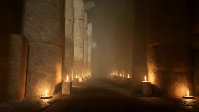 Tracking shot moving forward through stone corridor with flickering torchlight in ancient underground temple passage
