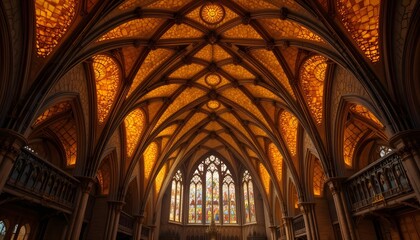 Obraz premium Stunning gothic church interior with vaulted ceiling and stained glass