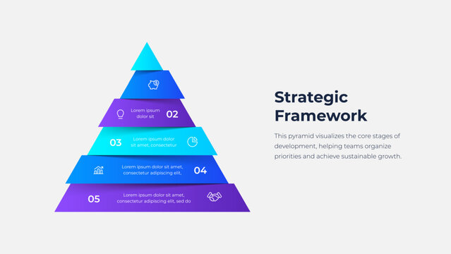 5 step pyramid process infographic diagram with stacked triangular layers forming hierarchical structure