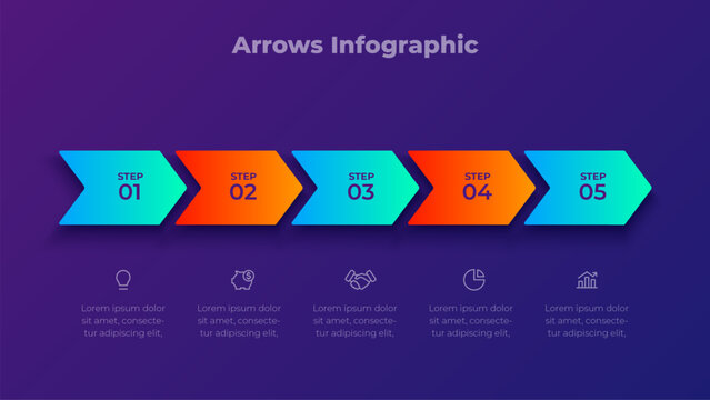 5 step horizontal arrow infographic diagram with connected directional blocks forming linear workflow sequence
