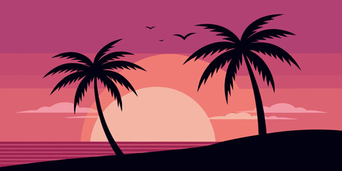Fototapeta premium minimal silhouette of two palm trees in a pink sunset