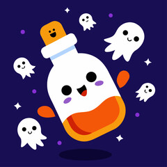 Fototapeta premium A tilted glass bottle with orange liquid and a happy face is surrounded by four small white smiling ghosts on a dark blue background with stars.