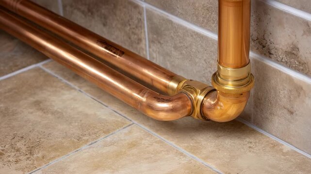 Top-down view of copper water pipes along kitchen wall, elbow joints, T-joints, and polished metallic surfaces, detailed indoor renovation