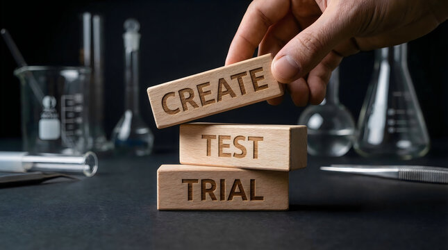 Hand placing wooden block with "CREATE" text on top of "TEST" and "TRIAL" blocks, surrounded by laboratory glassware on a dark background, symbolizing a scientific method or iterative process in