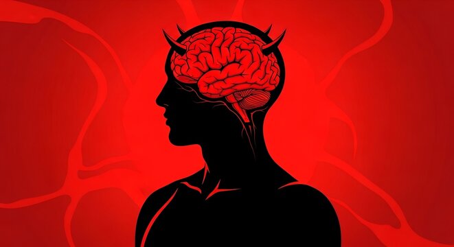 A silhouette of a human head featuring a glowing red devilish brain with horns on a vibrant red background.