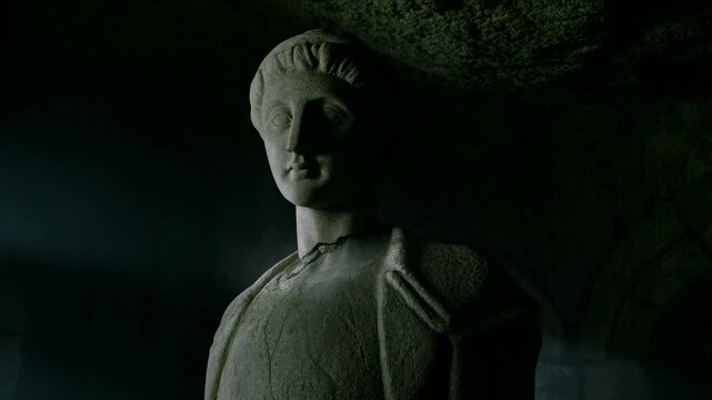 Slow pan reveal of stone statue rotating under shaft of light in dark underground crypt chamber