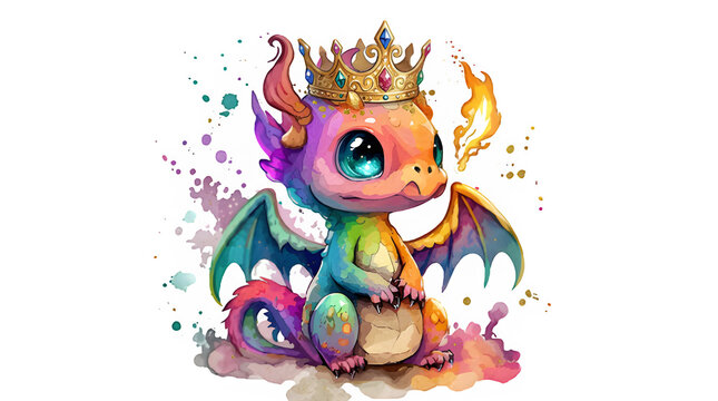 Adorable Rainbow Baby Dragon Wearing a Golden Crown Watercolor Illustration, Cute
Mythical Creature with Fire Breath, Fantasy Art for Nursery and Kids Decor, Isolated on
White Background.