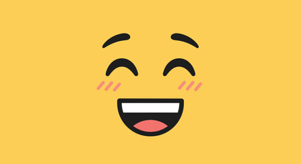 Obraz premium Close up of a smiling emoji face with blushing pink cheeks and closed happy eyes on a solid bright yellow background.