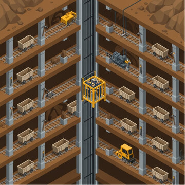 Isometric Mine Shaft with Elevator and Mining Carts Illustration.
