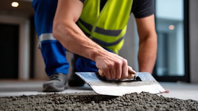 Worker applying gray cement mortar evenly across floor, notched trowel in hand, preparing for large-format tile installation, renovation or construction site, professional stock ph