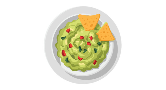 Top view of a bowl of fresh green guacamole dip served with two yellow tortilla chips on a white plate for food concepts.