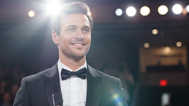 A handsome elegant man in a tuxedo smiles proudly on stage, holding a glass award at a glamorous ceremony. Cinematic video.