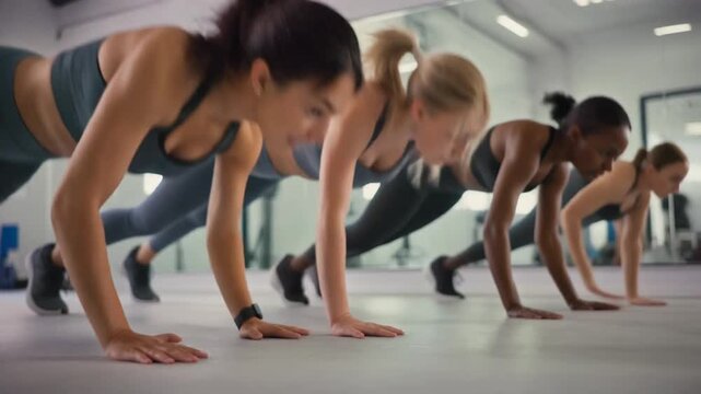 Women doing push-ups in a fitness class with mirrors and windows in the background, exercising together
