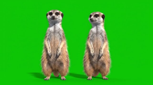 Two meerkats standing upright on their hind legs against a bright green background with shadows underneath them.