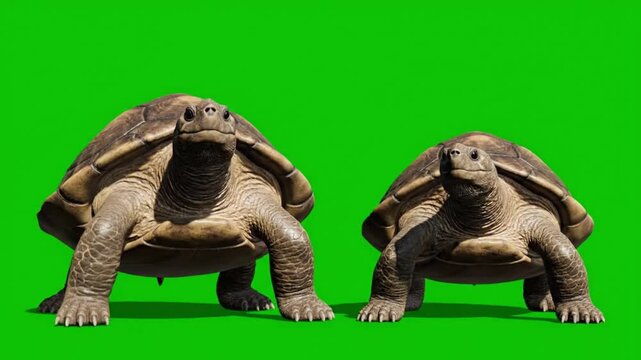 Two brown tortoises standing on a green background with their heads raised and shells visible, in a studio setting with a shallow depth of field.