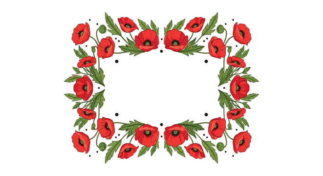 Floral border composed of vibrant red poppy flowers and green leaves arranged in a rectangular frame over a plain white background.