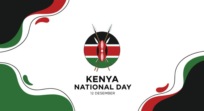 Kenya national day banner showing the national emblem and shield with spears on a white background with green and black wavy shapes.