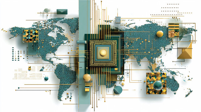 Flat Illustration of Global Semiconductor Supply Chain World Map with Chip and Tech Icons Teal Gold