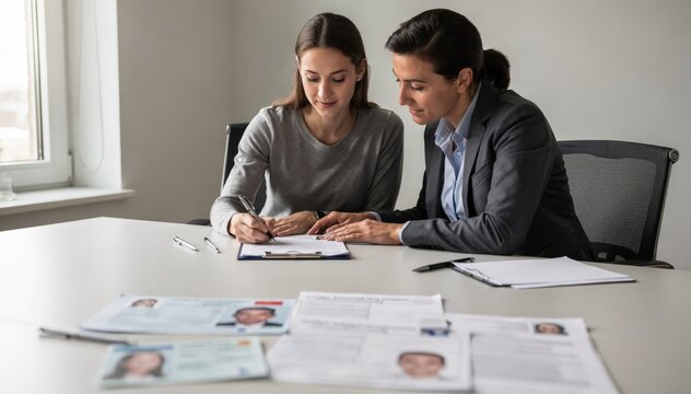 Medium shot of a retail client filling out brokerage account forms with a representative guiding the process ID documents blurred in the foreground for privacy.