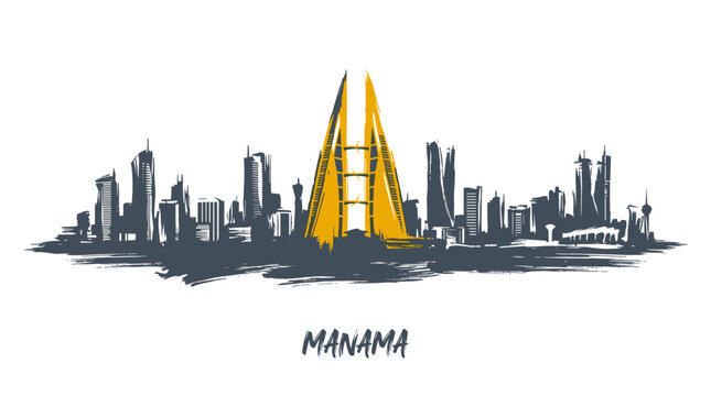 Artistic sketch of the Manama skyline featuring modern skyscrapers and a prominent illuminated building.