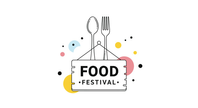 Minimalist food festival sign featuring a wooden plaque with a spoon and fork and colorful circular accents on a white background.