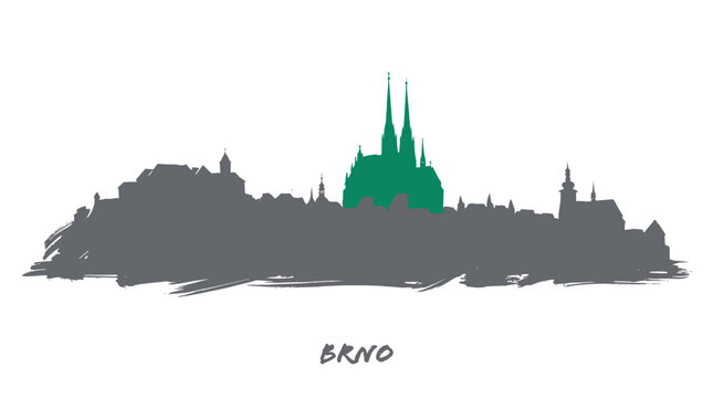 Silhouette skyline of Brno, Czech Republic, featuring the iconic green St. Peter and Paul Cathedral.