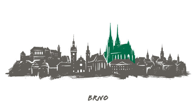 A stylized silhouette of the Brno skyline, featuring prominent buildings and landmarks, with the Petrov Cathedral highlighted in green.
