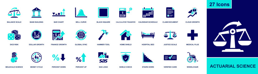 Actuarial science icon set. Containing balance scale, bank, bar chart, bell curve, calculator, claim, risk dice, percent up/down, shield, and more. Solid fill vector icons collection. © Samee