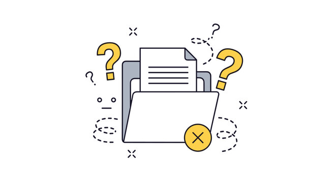 Humorous graphic of an open folder with a document surrounded by question marks and a cross mark indicating a missing file.