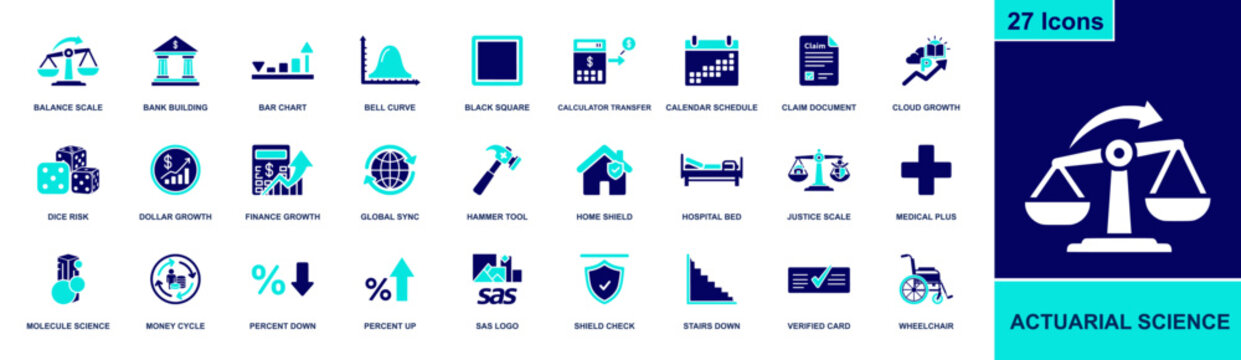 Actuarial science icon set. Containing balance scale, bank, bar chart, bell curve, calculator, claim, risk dice, percent up/down, shield, and more. Solid fill vector icons collection.