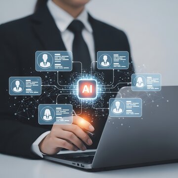 Business technology concept showing AI system organizing user profiles and information network analytics