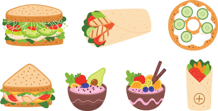 Healthy Food Vector Illustration Showing Sandwich Wrap Smoothie Bowl and Nutrition Concepts