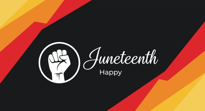 Juneteenth celebration background featuring a white raised fist icon on a dark field with vibrant red, yellow, and orange accents.
