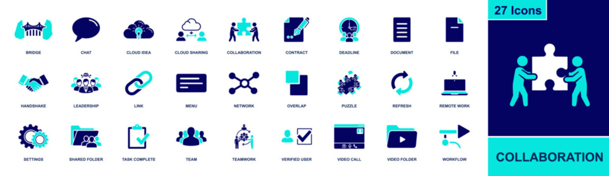 Collaboration icon set. Containing chat, cloud sharing, teamwork, contract, deadline, shared folder, remote work, video call, workflow and more. Solid fill vector icons collection.