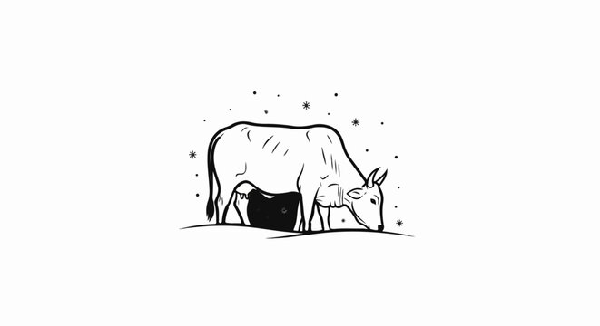 Minimalist illustration of a zebu cow grazing on a snowy ground