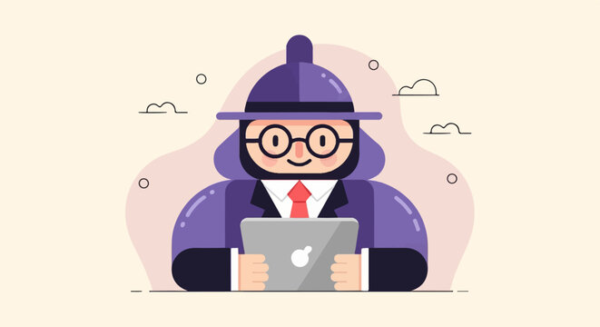 Man in purple hat and suit with glasses holds laptop with apple logo